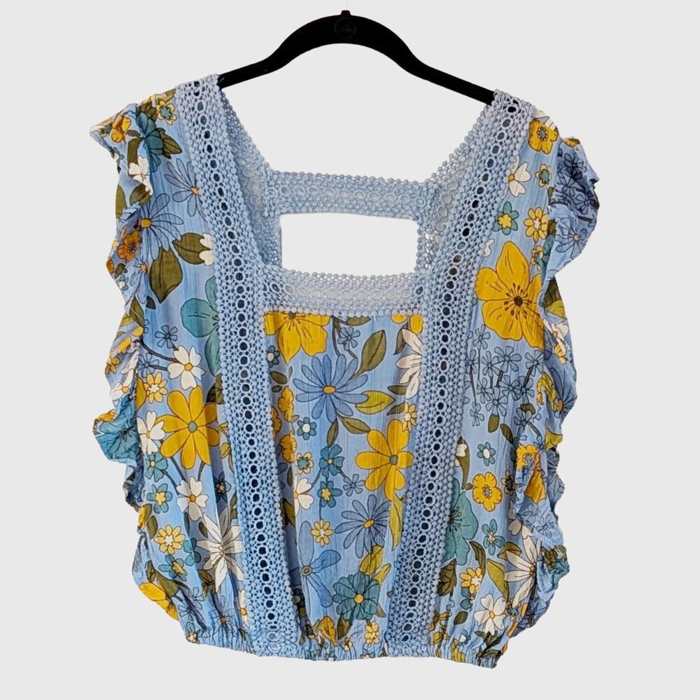 Angie Blue Floral Crochet Lace Flutter Sleeve Boho Blouse Top  Small